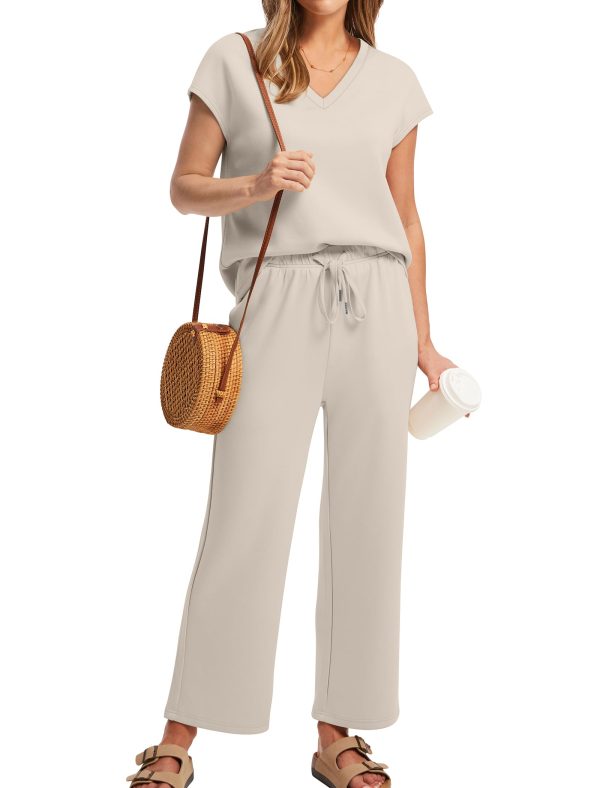 Two Piece Sets for Women Summer Outfits Lounge Sets V Neck Tops Wide Leg Pants Woman Vacation Travel Outfits