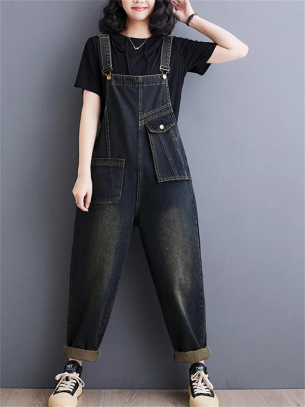 Women Pockets Ladies Long Jumpsuits Sleeveless Rompers Woman Blue Straight Jeans Jumpsuit