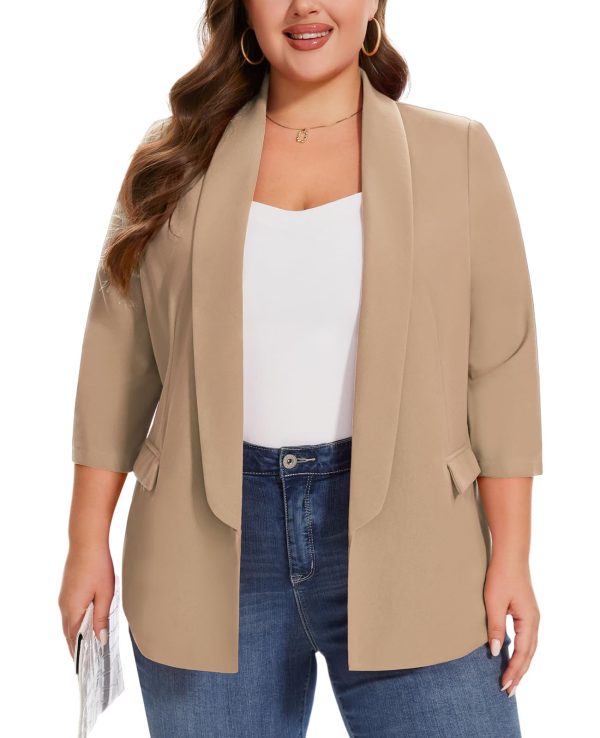 Plus Size Blazers for Women Casual Work Office 3/4 Sleeve Open Front Cardigan Suit Jacket Blazer with Pockets