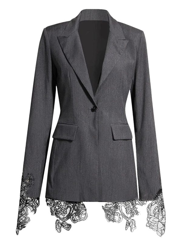 Women Embroidery Lace Notched Collar Long Sleeve Tunic Slimming Blazers