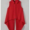 Women's Bow Back Blouse Collar Neck Button Down Vest Sleeveless Asymmetrical Split Blouse Top Tank