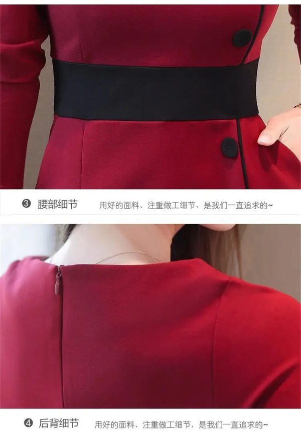 Women Contrast Color Elegant Temperament Party Dresses Office High Waist Long Sleeve Slim Midi Dress