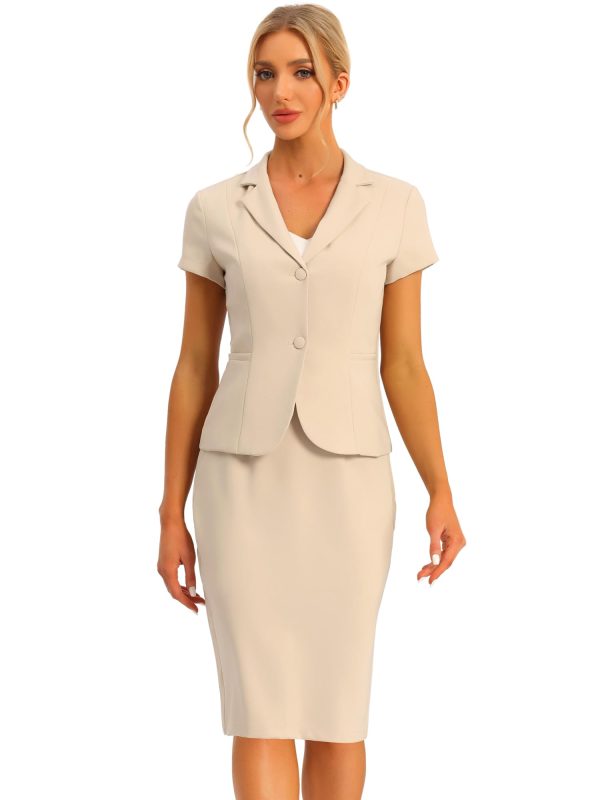 Women's Business Skirt Suit Set Work Office Short Sleeve Blazer Jacket Pencil Skirt