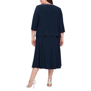 Women's 2 Piece Tea Length Jacket Dress with Sequin Beaded Trim