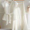 Womens 2 Piece Chiffon Outfits Short Sleeve Blouse and Pleated A Line Long Skirt Set with Belt for Work Office