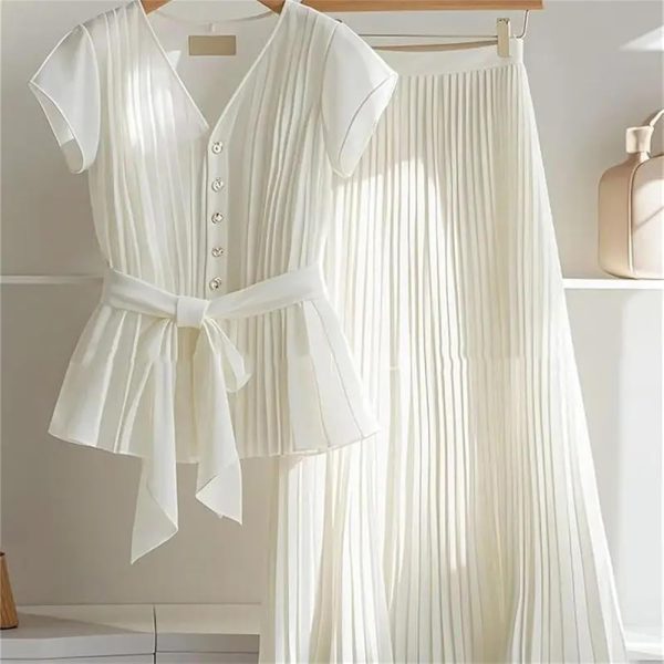 Womens 2 Piece Chiffon Outfits Short Sleeve Blouse and Pleated A Line Long Skirt Set with Belt for Work Office