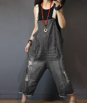 Women Casual Loose Cropped Denim Jumpsuits Rompers Jeans Overalls Distressed Ripped Fringed/Pockets P49