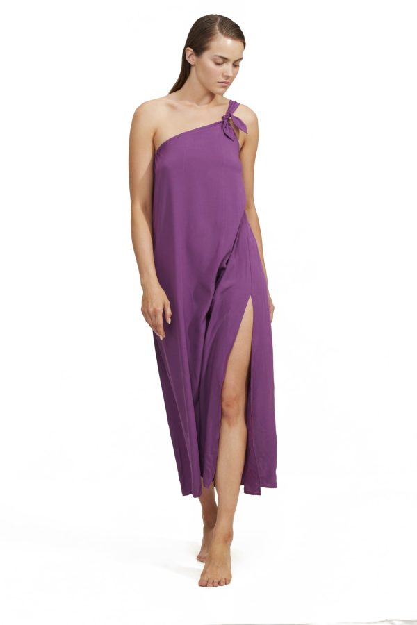 Luma Women's One Shoulder Sarong Style Maxi Dress Coverup with Side Leg Slit and Adjustable Bow Tie