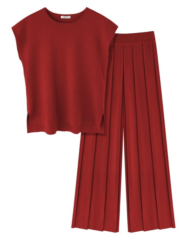 Lounge Sets for Women Two Piece Outfits Knit Cap Sleeve Tops Wide Leg Pleated Pants Casual Dressy Sweater Sets