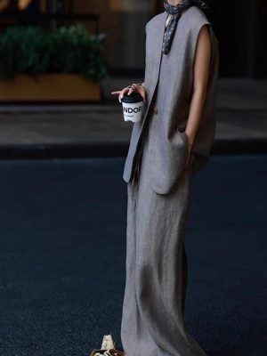 Women's Urban Linen Set - Sleeveless Top & Wide Leg Trousers City Chic Style