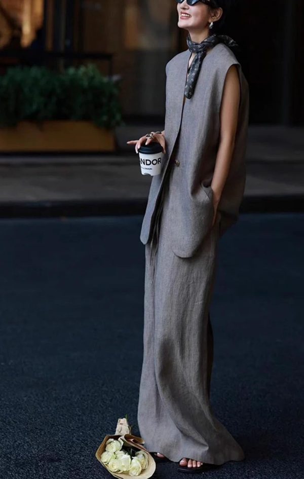 Women's Urban Linen Set - Sleeveless Top & Wide Leg Trousers City Chic Style