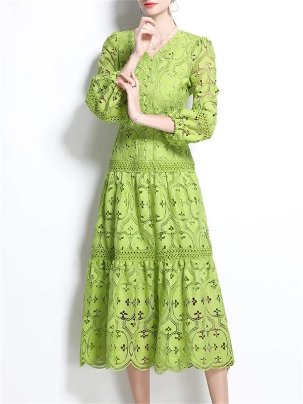Women Summer Hollow Out Lace Dress Streetwear Long Sleeve Office Party Dress
