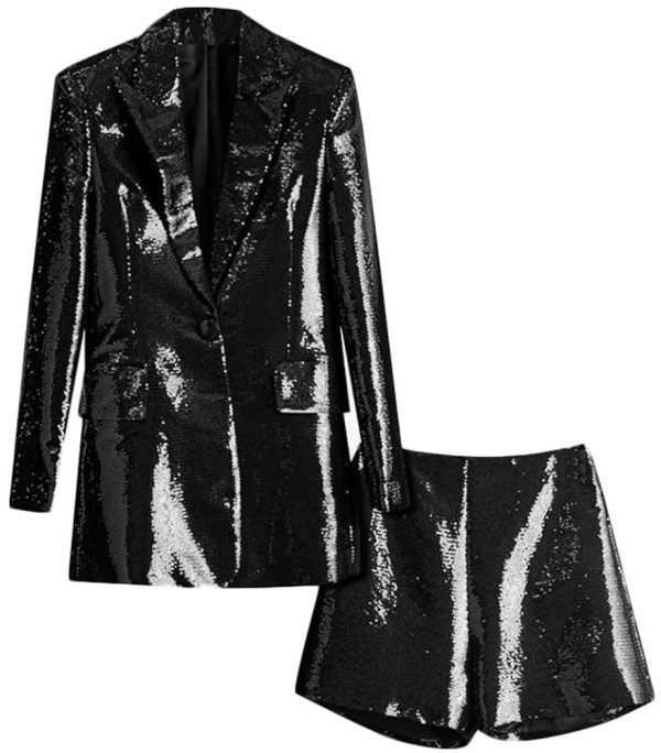 Sequin Blazer and Short Set for Women 2 PC Slim Fit Notch Lapel Prom Party Suit Women's Glitter Suit