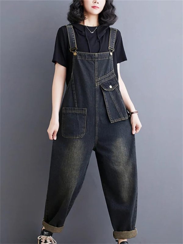 Women Pockets Ladies Long Jumpsuits Sleeveless Rompers Woman Blue Straight Jeans Jumpsuit