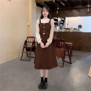 Korean Long Sleeve False Three Piece Suit Dress Slimming Spliced Skirt Women's Elegant Office Dress