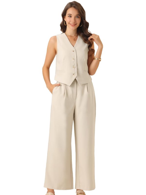 Two Piece Outfits for Women's Button Front Sleeveless Vest Wide Leg Pants Matching Sets