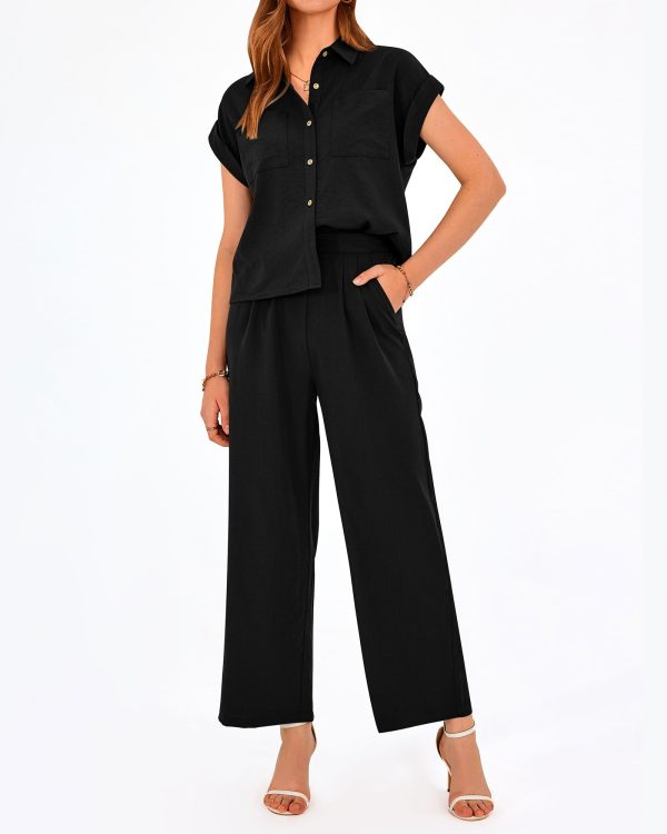 Womens 2 Piece sets Summer Cap Sleeve Tops Palazzo Pants Dressy Casual Vacation Travel Outfits Tracksuits