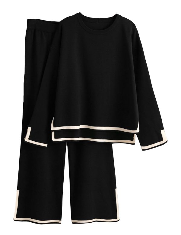 Women's 2 Piece Outfits Long Sleeve Knit Sweater Top Wide Leg Pants Lounge Sets Tracksuits