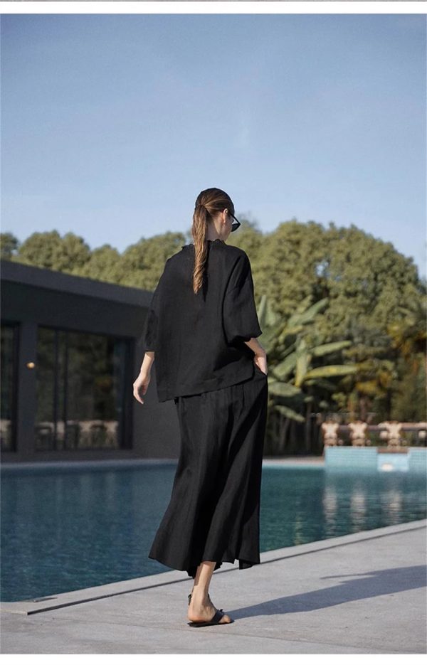 Women's Linen Suit Set - Black Skirt Seven Sleeve Travel Business Ensemble
