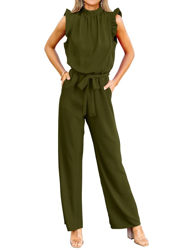 Jumpsuits For Women Dressy Summer One Piece Sleeveless Ruffle Mock Neck Belt Pockets Formal Wide Leg Pants Romper