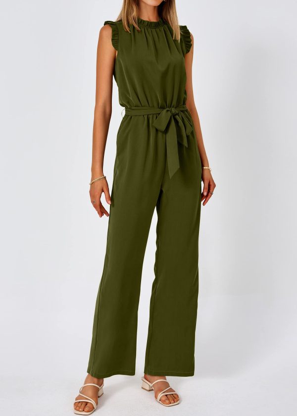 Jumpsuits For Women Dressy Summer One Piece Sleeveless Ruffle Mock Neck Belt Pockets Formal Wide Leg Pants Romper