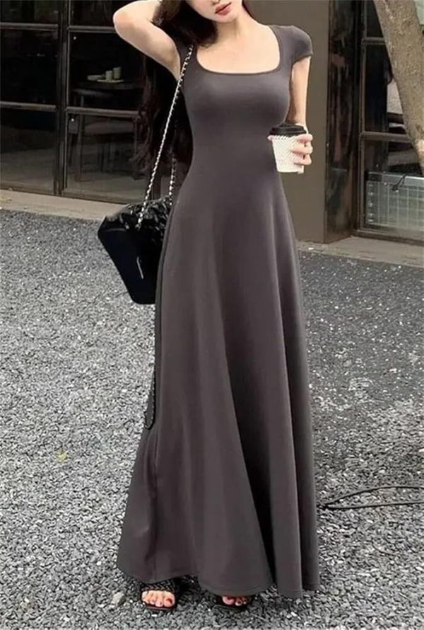 Sexy Square Collar Slim Fit Dress for Women Summer Short Sleeve Elegant Party Long Dresses