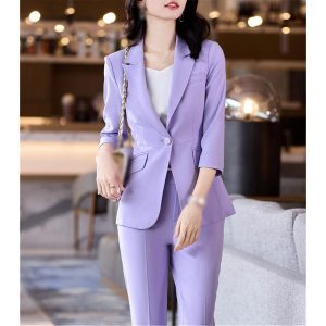 Women's Office Suit Fashion Suit Jacket Simple Solid Color Spring and Summer Half-Sleeved Top + Trousers 2-Piece Set