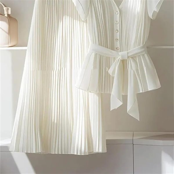 Womens 2 Piece Chiffon Outfits Short Sleeve Blouse and Pleated A Line Long Skirt Set with Belt for Work Office