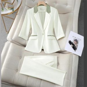 Women Black Beige Patchwork Jacket and Suits Pants Spring Summer Office Lady Elegant 2 Piece Sets High End Outfits
