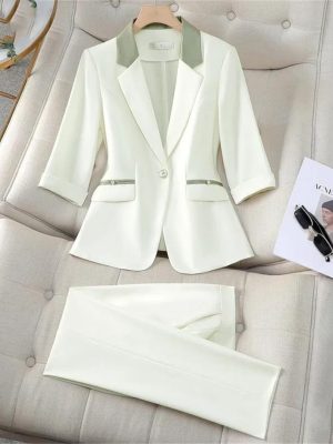 Women Black Beige Patchwork Jacket and Suits Pants Spring Summer Office Lady Elegant 2 Piece Sets High End Outfits