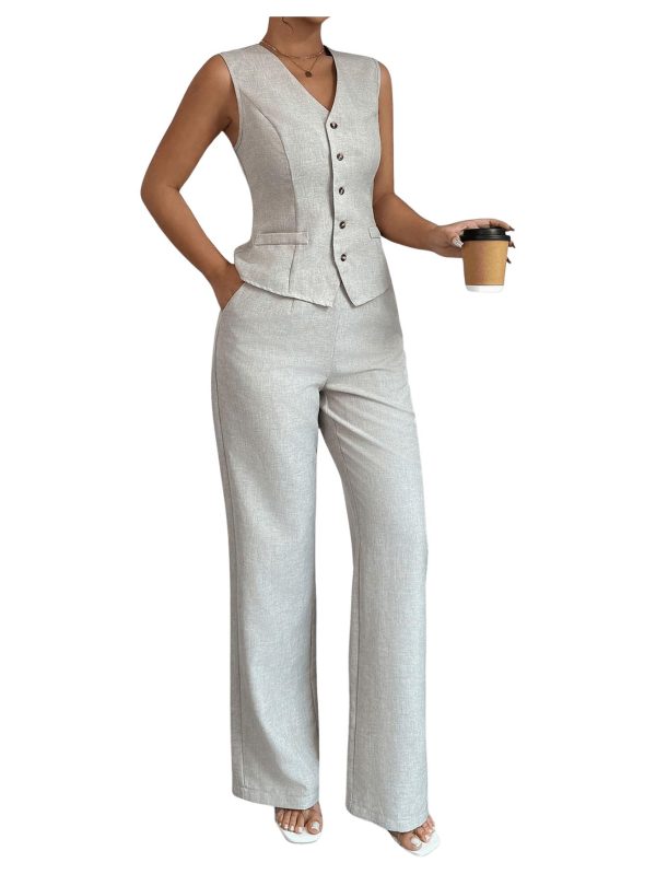 Women's 2 Piece Outfits V Neck Button Down Vest Tops and High Waisted Pants Set Office Work Suit