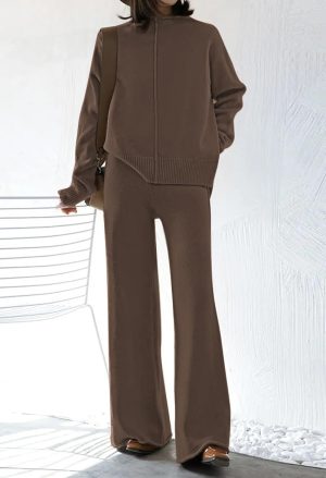 Women's 2 Piece Outfits Sweater Set Wide Leg Pants High Neck Sweatsuit Loungewear