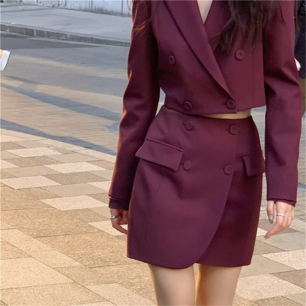 Spring Summer Stylish Blazer Suits Sets Women Crop Coat High Waist Pocket Mini Skirts Outfit Suits