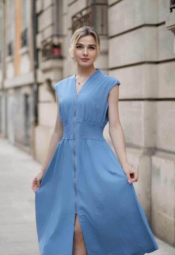 Womens Summer Casual Dress V Neck Cap Sleeve Zipper Front Flowy Midi Dress with Pockets