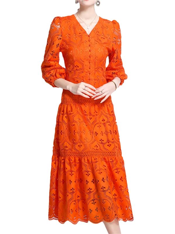 Women Summer Hollow Out Lace Dress Streetwear Long Sleeve Office Party Dress