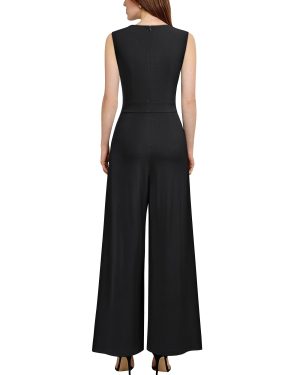 Women's Sleeveless Deep V Neck Ruched Wide Leg Jumpsuit Long Romper Belt with Pockets
