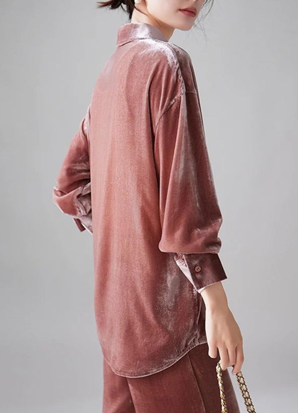 Women's Silky Velvet Suit - Contrast Trim Shirt & Wide-Loose Pants Elegant Style