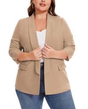 Plus Size Blazers for Women Casual Work Office 3/4 Sleeve Open Front Cardigan Suit Jacket Blazer with Pockets