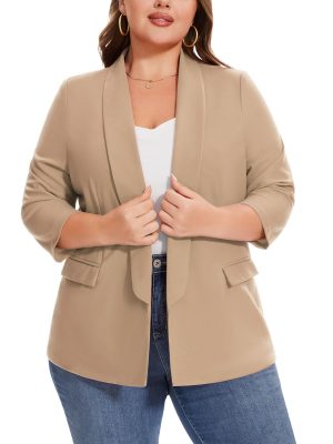 Plus Size Blazers for Women Casual Work Office 3/4 Sleeve Open Front Cardigan Suit Jacket Blazer with Pockets