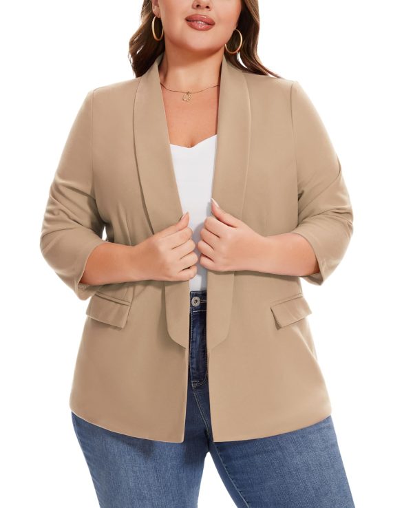 Plus Size Blazers for Women Casual Work Office 3/4 Sleeve Open Front Cardigan Suit Jacket Blazer with Pockets