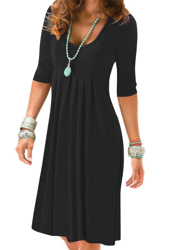 Womens Summer Casual Half Sleeve Empire Waist Loose Swing Pleated Modest Work Tunic T Shirt Dresses