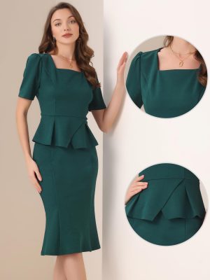 Business Skirt Set for Women's 2 Piece Outfit Short Sleeve Peplum Top Fishtail Bodycon Skirts