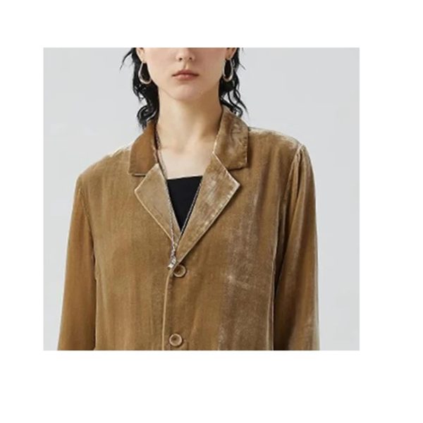 Women's Khaki Velvet Suit - Long Sleeve Shirt & Wide Leg Pants Minimalist Business Attire