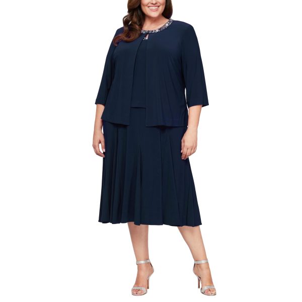 Women's 2 Piece Tea Length Jacket Dress with Sequin Beaded Trim