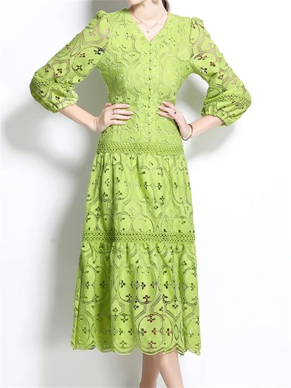 Women Summer Hollow Out Lace Dress Streetwear Long Sleeve Office Party Dress