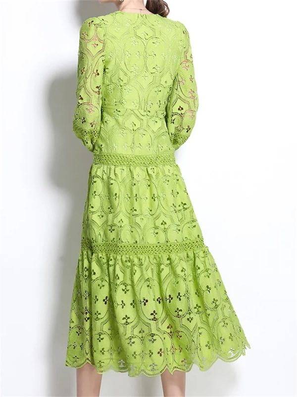 Women Summer Hollow Out Lace Dress Streetwear Long Sleeve Office Party Dress