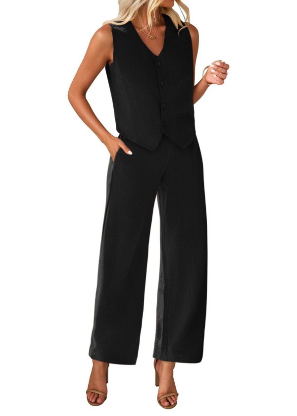 Womens Two Piece Outfits Summer Fashion Button V Neck Crop Vest Blazer and Wide Leg Pants Suit Matching Sets