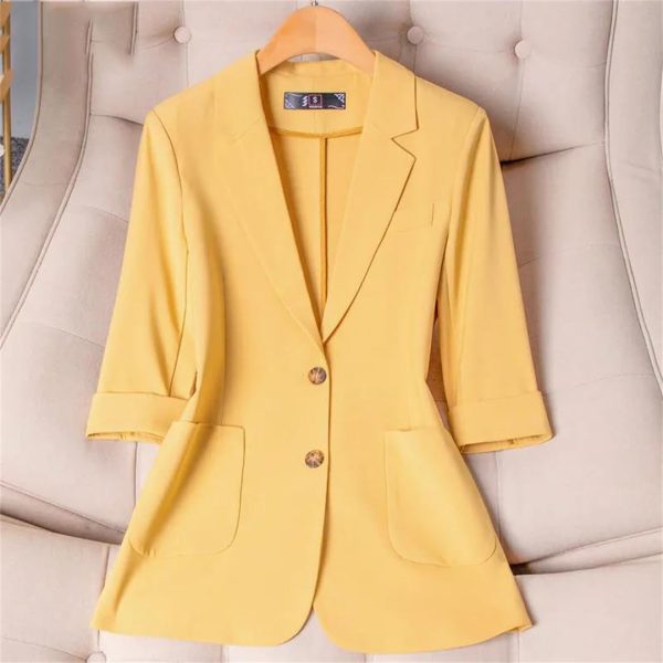 Women Spring Summer Wear Half Sleeve Jacket Office Single Breasted Thin Suit Blazer