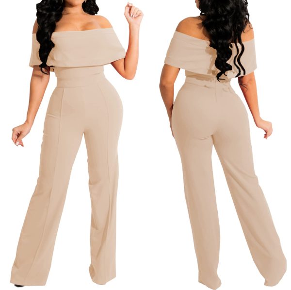 Women's Sexy Off Shoulder Ruffle Jumpsuits Elegant Wide Leg Long Pants Clubwear Rompers with Pockets