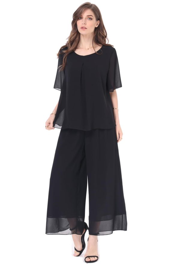 Women's 2 Piece Chiffon Sets Outfits Flowy Summer Casual Dressy Pantsuits Double Layers Blouse Capris Pants Suits